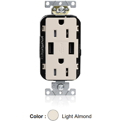 Leviton M56AA-T, Lev-Lok Combination Decora Straight Blade Duplex Receptacle, Dual-Port USB Type A-A Charger, Commercial Specification Grade, Tamper-Resistant, 15A 125V, NEMA 5-15R, 2-Pole, 3-Wire, Modular Terminals, Light Almond