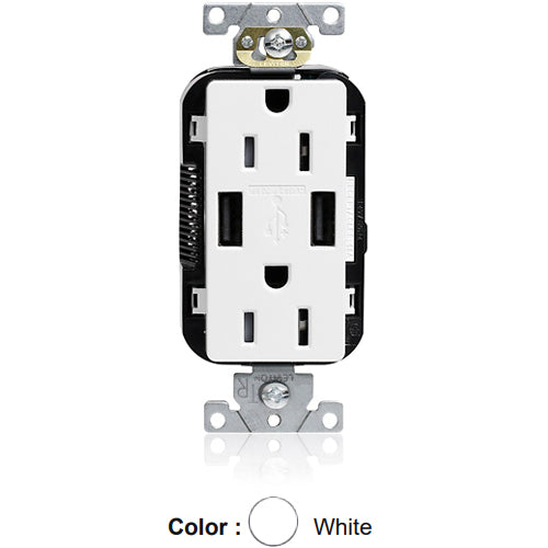 Leviton M56AA-W, Lev-Lok Combination Decora Straight Blade Duplex Receptacle, Dual-Port USB Type A-A Charger, Commercial Specification Grade, Tamper-Resistant, 15A 125V, NEMA 5-15R, 2-Pole, 3-Wire, Modular Terminals, White
