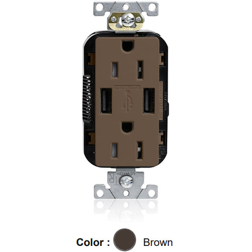 Leviton M56AA, Lev-Lok Combination Decora Straight Blade Duplex Receptacle, Dual-Port USB Type A-A Charger, Commercial Specification Grade, Tamper-Resistant, 15A 125V, NEMA 5-15R, 2-Pole, 3-Wire, Modular Terminals, Brown