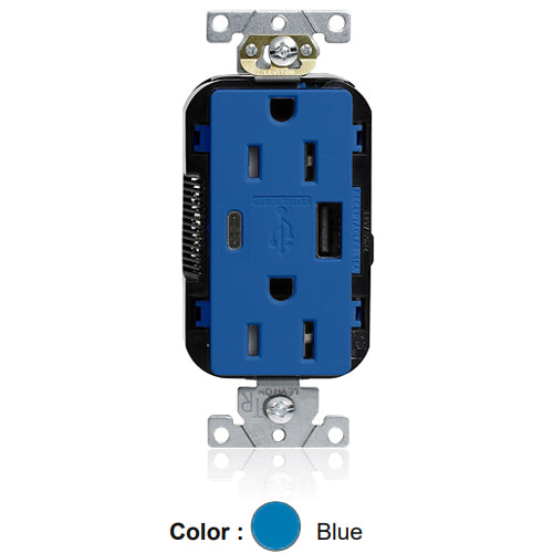 Leviton M56AC-B, Lev-Lok Combination Decora Straight Blade Duplex Receptacle, Dual-Port USB Type A/C Charger, Commercial Specification Grade, Tamper-Resistant, 15A 125V, NEMA 5-15R, 2-Pole, 3-Wire, Modular Terminals, Blue