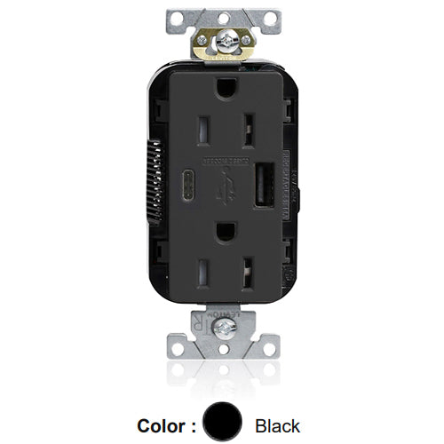 Leviton M56AC-E, Lev-Lok Combination Decora Straight Blade Duplex Receptacle, Dual-Port USB Type A/C Charger, Commercial Specification Grade, Tamper-Resistant, 15A 125V, NEMA 5-15R, 2-Pole, 3-Wire, Modular Terminals, Black