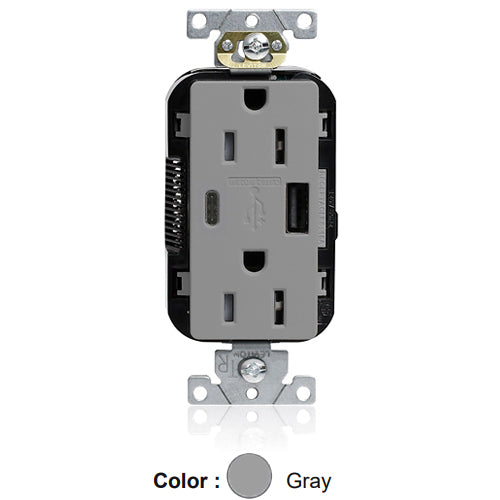 Leviton M56AC-GY, Lev-Lok Combination Decora Straight Blade Duplex Receptacle, Dual-Port USB Type A/C Charger, Commercial Specification Grade, Tamper-Resistant, 15A 125V, NEMA 5-15R, 2-Pole, 3-Wire, Modular Terminals, Gray