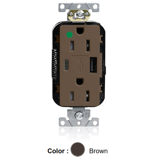 Leviton M56AC-HG, Lev-Lok Combination Decora Straight Blade Duplex Receptacle, Dual-Port USB Type A/C Charger, Heavy-Duty Hospital Grade, Tamper-Resistant, 15A 125V, NEMA 5-15R, 2-Pole, 3-Wire, Modular Terminals, Brown