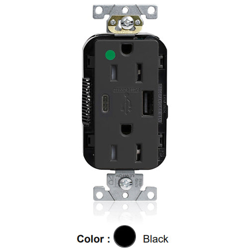 Leviton M56AC-HGE, Lev-Lok Combination Decora Straight Blade Duplex Receptacle, Dual-Port USB Type A/C Charger, Heavy-Duty Hospital Grade, Tamper-Resistant, 15A 125V, NEMA 5-15R, 2-Pole, 3-Wire, Modular Terminals, Black