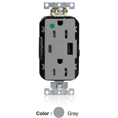 Leviton M56AC-HGG, Lev-Lok Combination Decora Straight Blade Duplex Receptacle, Dual-Port USB Type A/C Charger, Heavy-Duty Hospital Grade, Tamper-Resistant, 15A 125V, NEMA 5-15R, 2-Pole, 3-Wire, Modular Terminals, Gray