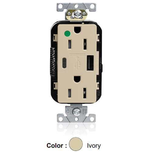 Leviton M56AC-HGI, Lev-Lok Combination Decora Straight Blade Duplex Receptacle, Dual-Port USB Type A/C Charger, Heavy-Duty Hospital Grade, Tamper-Resistant, 15A 125V, NEMA 5-15R, 2-Pole, 3-Wire, Modular Terminals, Ivory