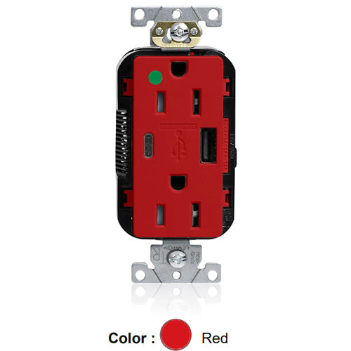 Leviton M56AC-HGR, Lev-Lok Combination Decora Straight Blade Duplex Receptacle, Dual-Port USB Type A/C Charger, Heavy-Duty Hospital Grade, Tamper-Resistant, 15A 125V, NEMA 5-15R, 2-Pole, 3-Wire, Modular Terminals, Red
