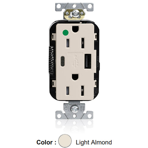 Leviton M56AC-HGT, Lev-Lok Combination Decora Straight Blade Duplex Receptacle, Dual-Port USB Type A/C Charger, Heavy-Duty Hospital Grade, Tamper-Resistant, 15A 125V, NEMA 5-15R, 2-Pole, 3-Wire, Modular Terminals, Light Almond