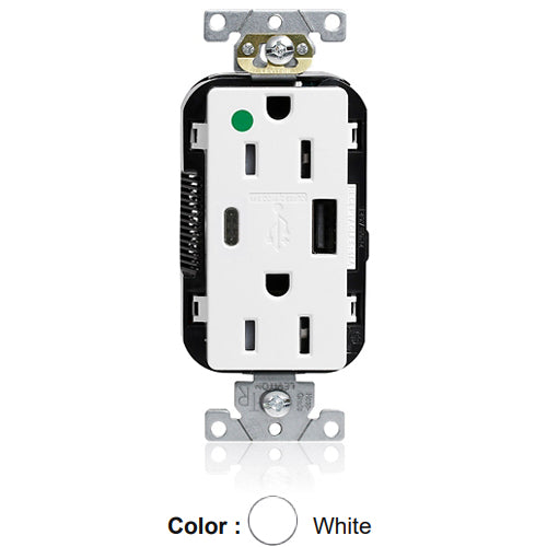 Leviton M56AC-HGW, Lev-Lok Combination Decora Straight Blade Duplex Receptacle, Dual-Port USB Type A/C Charger, Heavy-Duty Hospital Grade, Tamper-Resistant, 15A 125V, NEMA 5-15R, 2-Pole, 3-Wire, Modular Terminals, White