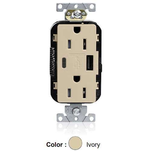Leviton M56AC-I, Lev-Lok Combination Decora Straight Blade Duplex Receptacle, Dual-Port USB Type A/C Charger, Commercial Specification Grade, Tamper-Resistant, 15A 125V, NEMA 5-15R, 2-Pole, 3-Wire, Modular Terminals, Ivory
