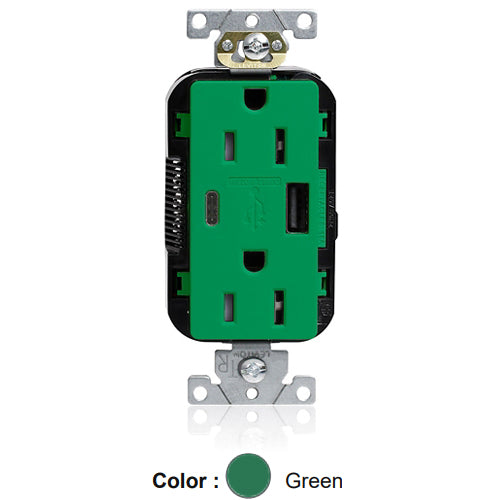 Leviton M56AC-N, Lev-Lok Combination Decora Straight Blade Duplex Receptacle, Dual-Port USB Type A/C Charger, Commercial Specification Grade, Tamper-Resistant, 15A 125V, NEMA 5-15R, 2-Pole, 3-Wire, Modular Terminals, Green