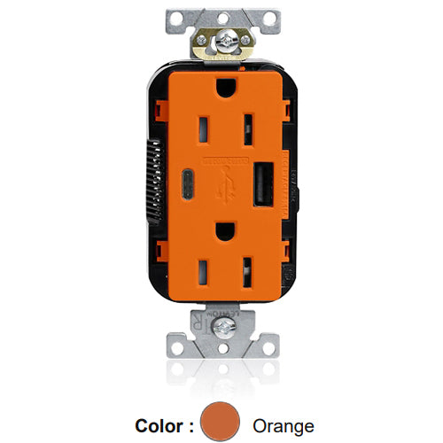 Leviton M56AC-O, Lev-Lok Combination Decora Straight Blade Duplex Receptacle, Dual-Port USB Type A/C Charger, Commercial Specification Grade, Tamper-Resistant, 15A 125V, NEMA 5-15R, 2-Pole, 3-Wire, Modular Terminals, Orange