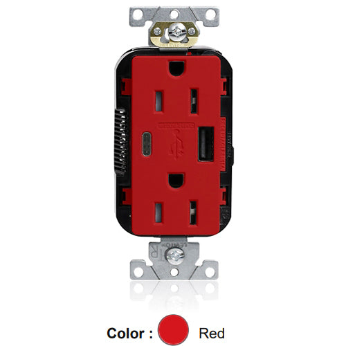 Leviton M56AC-R, Lev-Lok Combination Decora Straight Blade Duplex Receptacle, Dual-Port USB Type A/C Charger, Commercial Specification Grade, Tamper-Resistant, 15A 125V, NEMA 5-15R, 2-Pole, 3-Wire, Modular Terminals, Red
