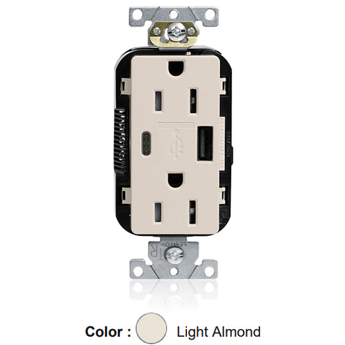 Leviton M56AC-T, Lev-Lok Combination Decora Straight Blade Duplex Receptacle, Dual-Port USB Type A/C Charger, Commercial Specification Grade, Tamper-Resistant, 15A 125V, NEMA 5-15R, 2-Pole, 3-Wire, Modular Terminals, Light Almond