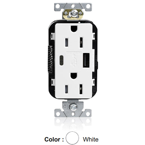 Leviton M56AC-W, Lev-Lok Combination Decora Straight Blade Duplex Receptacle, Dual-Port USB Type A/C Charger, Commercial Specification Grade, Tamper-Resistant, 15A 125V, NEMA 5-15R, 2-Pole, 3-Wire, Modular Terminals, White