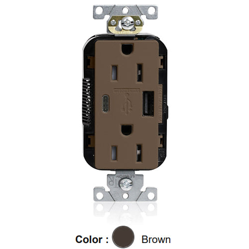 Leviton M56AC, Lev-Lok Combination Decora Straight Blade Duplex Receptacle, Dual-Port USB Type A/C Charger, Commercial Specification Grade, Tamper-Resistant, 15A 125V, NEMA 5-15R, 2-Pole, 3-Wire, Modular Terminals, Brown