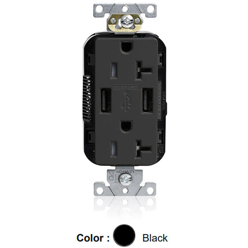 Leviton M58AA-E, Lev-Lok Combination Decora Straight Blade Duplex Receptacle, Dual-Port USB Type A-A Charger, Commercial Specification Grade, Tamper-Resistant, 20A 125V, NEMA 5-20R, 2-Pole, 3-Wire, Modular Terminals, Black