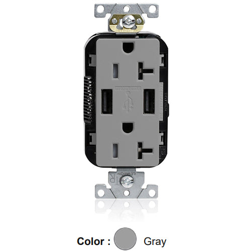 Leviton M58AA-GY, Lev-Lok Combination Decora Straight Blade Duplex Receptacle, Dual-Port USB Type A-A Charger, Commercial Specification Grade, Tamper-Resistant, 20A 125V, NEMA 5-20R, 2-Pole, 3-Wire, Modular Terminals, Gray