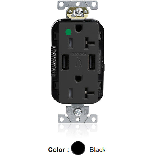 Leviton M58AA-HGE, Lev-Lok Combination Decora Straight Blade Duplex Receptacle, Dual-Port USB Type A-A Charger, Heavy-Duty Hospital Grade, Tamper-Resistant, 20A 125V, NEMA 5-20R, 2-Pole, 3-Wire, Modular Terminals, Black