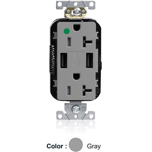 Leviton M58AA-HGG, Lev-Lok Combination Decora Straight Blade Duplex Receptacle, Dual-Port USB Type A-A Charger, Heavy-Duty Hospital Grade, Tamper-Resistant, 20A 125V, NEMA 5-20R, 2-Pole, 3-Wire, Modular Terminals, Gray