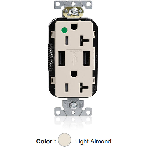 Leviton M58AA-HGT, Lev-Lok Combination Decora Straight Blade Duplex Receptacle, Dual-Port USB Type A-A Charger, Heavy-Duty Hospital Grade, Tamper-Resistant, 20A 125V, NEMA 5-20R, 2-Pole, 3-Wire, Modular Terminals, Light Almond