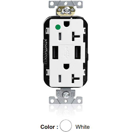 Leviton M58AA-HGW, Lev-Lok Combination Decora Straight Blade Duplex Receptacle, Dual-Port USB Type A-A Charger, Heavy-Duty Hospital Grade, Tamper-Resistant, 20A 125V, NEMA 5-20R, 2-Pole, 3-Wire, Modular Terminals, White