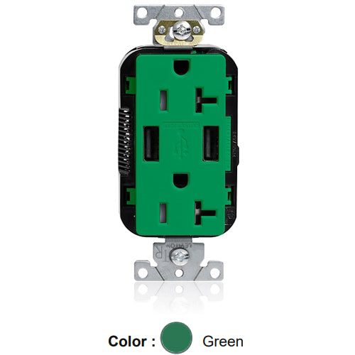Leviton M58AA-N, Lev-Lok Combination Decora Straight Blade Duplex Receptacle, Dual-Port USB Type A-A Charger, Commercial Specification Grade, Tamper-Resistant, 20A 125V, NEMA 5-20R, 2-Pole, 3-Wire, Modular Terminals, Green