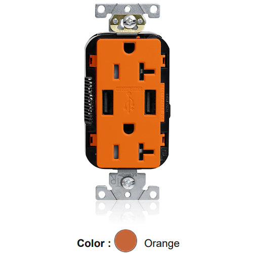 Leviton M58AA-O, Lev-Lok Combination Decora Straight Blade Duplex Receptacle, Dual-Port USB Type A-A Charger, Commercial Specification Grade, Tamper-Resistant, 20A 125V, NEMA 5-20R, 2-Pole, 3-Wire, Modular Terminals, Orange