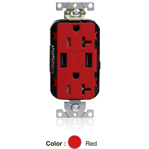 Leviton M58AA-R, Lev-Lok Combination Decora Straight Blade Duplex Receptacle, Dual-Port USB Type A-A Charger, Commercial Specification Grade, Tamper-Resistant, 20A 125V, NEMA 5-20R, 2-Pole, 3-Wire, Modular Terminals, Red