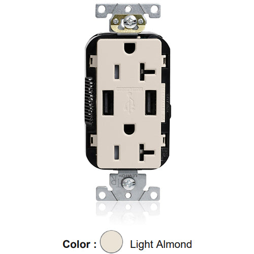 Leviton M58AA-T, Lev-Lok Combination Decora Straight Blade Duplex Receptacle, Dual-Port USB Type A-A Charger, Commercial Specification Grade, Tamper-Resistant, 20A 125V, NEMA 5-20R, 2-Pole, 3-Wire, Modular Terminals, Light Almond