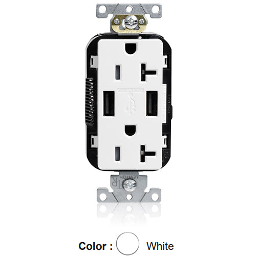 Leviton M58AA-W, Lev-Lok Combination Decora Straight Blade Duplex Receptacle, Dual-Port USB Type A-A Charger, Commercial Specification Grade, Tamper-Resistant, 20A 125V, NEMA 5-20R, 2-Pole, 3-Wire, Modular Terminals, White