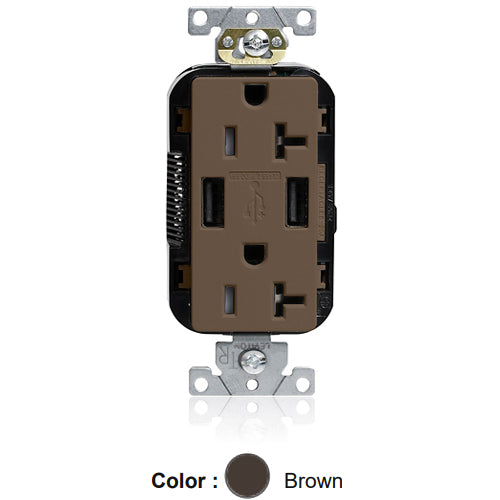 Leviton M58AA, Lev-Lok Combination Decora Straight Blade Duplex Receptacle, Dual-Port USB Type A-A Charger, Commercial Specification Grade, Tamper-Resistant, 20A 125V, NEMA 5-20R, 2-Pole, 3-Wire, Modular Terminals, Brown