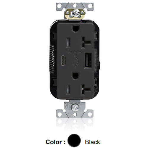 Leviton M58AC-E, Lev-Lok Combination Decora Straight Blade Duplex Receptacle, Dual-Port USB Type A/C Charger, Commercial Specification Grade, Tamper-Resistant, 20A 125V, NEMA 5-20R, 2-Pole, 3-Wire, Modular Terminals, Black