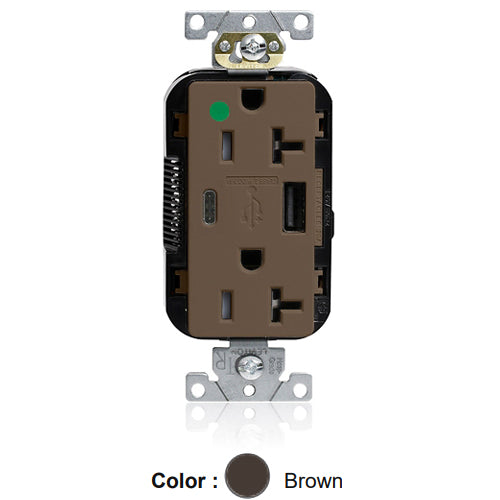 Leviton M58AC-HG, Lev-Lok Combination Decora Straight Blade Duplex Receptacle, Dual-Port USB Type A/C Charger, Heavy-Duty Hospital Grade, Tamper-Resistant, 20A 125V, NEMA 5-20R, 2-Pole, 3-Wire, Modular Terminals, Brown