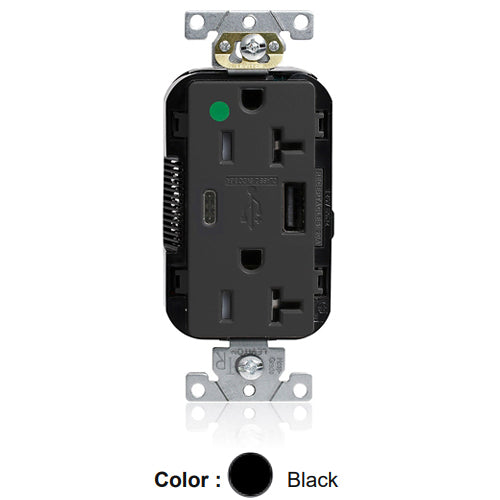 Leviton M58AC-HGE, Lev-Lok Combination Decora Straight Blade Duplex Receptacle, Dual-Port USB Type A/C Charger, Heavy-Duty Hospital Grade, Tamper-Resistant, 20A 125V, NEMA 5-20R, 2-Pole, 3-Wire, Modular Terminals, Black