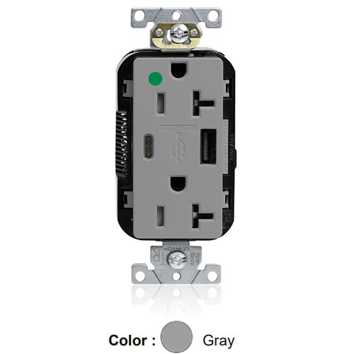 Leviton M58AC-HGG, Lev-Lok Combination Decora Straight Blade Duplex Receptacle, Dual-Port USB Type A/C Charger, Heavy-Duty Hospital Grade, Tamper-Resistant, 20A 125V, NEMA 5-20R, 2-Pole, 3-Wire, Modular Terminals, Gray