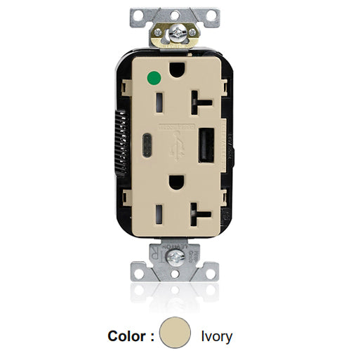 Leviton M58AC-HGI, Lev-Lok Combination Decora Straight Blade Duplex Receptacle, Dual-Port USB Type A/C Charger, Heavy-Duty Hospital Grade, Tamper-Resistant, 20A 125V, NEMA 5-20R, 2-Pole, 3-Wire, Modular Terminals, Ivory