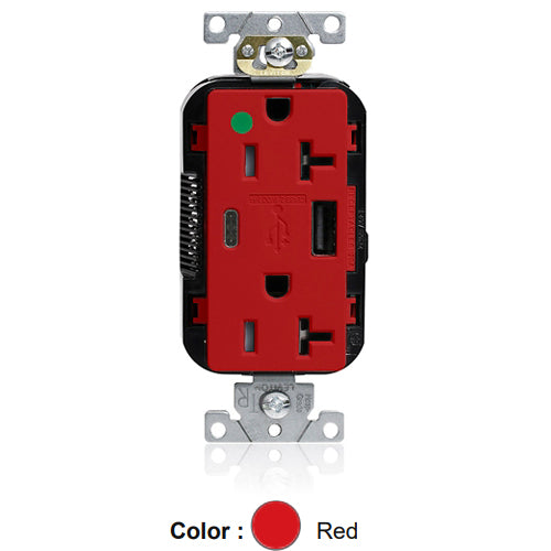 Leviton M58AC-HGR, Lev-Lok Combination Decora Straight Blade Duplex Receptacle, Dual-Port USB Type A/C Charger, Heavy-Duty Hospital Grade, Tamper-Resistant, 20A 125V, NEMA 5-20R, 2-Pole, 3-Wire, Modular Terminals, Red