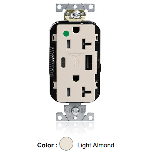 Leviton M58AC-HGT, Lev-Lok Combination Decora Straight Blade Duplex Receptacle, Dual-Port USB Type A/C Charger, Heavy-Duty Hospital Grade, Tamper-Resistant, 20A 125V, NEMA 5-20R, 2-Pole, 3-Wire, Modular Terminals, Light Almond