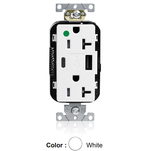 Leviton M58AC-HGW, Lev-Lok Combination Decora Straight Blade Duplex Receptacle, Dual-Port USB Type A/C Charger, Heavy-Duty Hospital Grade, Tamper-Resistant, 20A 125V, NEMA 5-20R, 2-Pole, 3-Wire, Modular Terminals, White