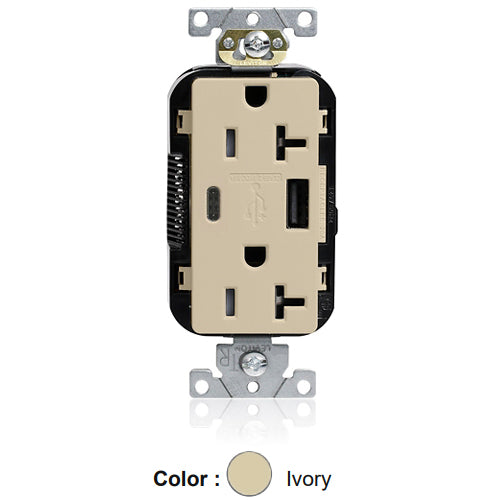 Leviton M58AC-I, Lev-Lok Combination Decora Straight Blade Duplex Receptacle, Dual-Port USB Type A/C Charger, Commercial Specification Grade, Tamper-Resistant, 20A 125V, NEMA 5-20R, 2-Pole, 3-Wire, Modular Terminals, Ivory