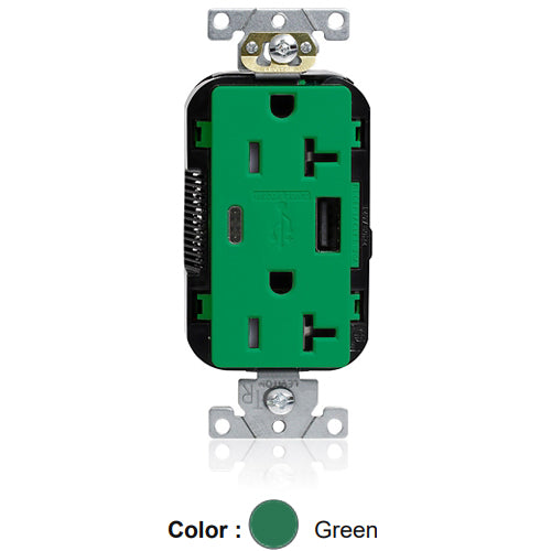 Leviton M58AC-N, Lev-Lok Combination Decora Straight Blade Duplex Receptacle, Dual-Port USB Type A/C Charger, Commercial Specification Grade, Tamper-Resistant, 20A 125V, NEMA 5-20R, 2-Pole, 3-Wire, Modular Terminals, Green