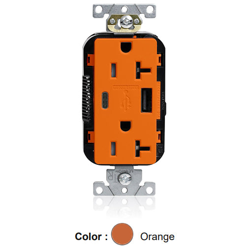 Leviton M58AC-O, Lev-Lok Combination Decora Straight Blade Duplex Receptacle, Dual-Port USB Type A/C Charger, Commercial Specification Grade, Tamper-Resistant, 20A 125V, NEMA 5-20R, 2-Pole, 3-Wire, Modular Terminals, Orange