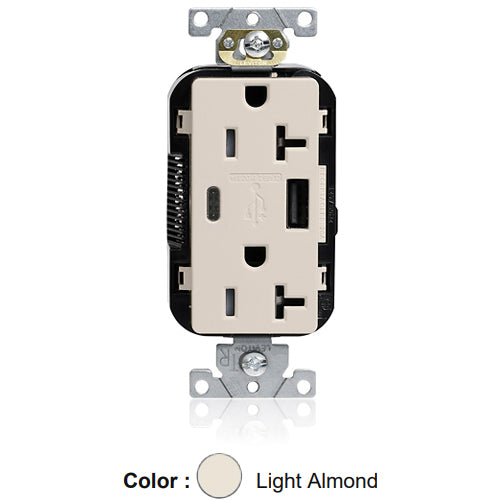 Leviton M58AC-T, Lev-Lok Combination Decora Straight Blade Duplex Receptacle, Dual-Port USB Type A/C Charger, Commercial Specification Grade, Tamper-Resistant, 20A 125V, NEMA 5-20R, 2-Pole, 3-Wire, Modular Terminals, Light Almond