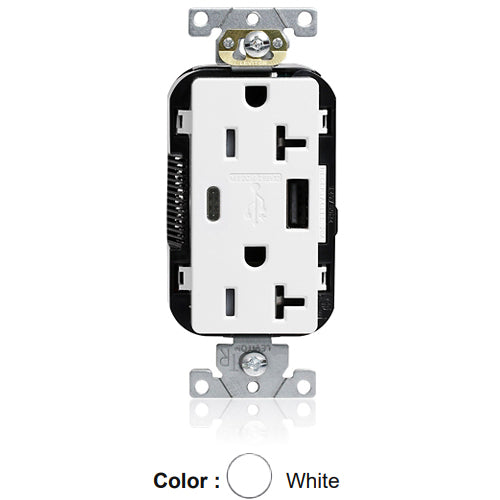 Leviton M58AC-W, Lev-Lok Combination Decora Straight Blade Duplex Receptacle, Dual-Port USB Type A/C Charger, Commercial Specification Grade, Tamper-Resistant, 20A 125V, NEMA 5-20R, 2-Pole, 3-Wire, Modular Terminals, White