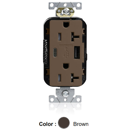 Leviton M58AC, Lev-Lok Combination Decora Straight Blade Duplex Receptacle, Dual-Port USB Type A/C Charger, Commercial Specification Grade, Tamper-Resistant, 20A 125V, NEMA 5-20R, 2-Pole, 3-Wire, Modular Terminals, Brown
