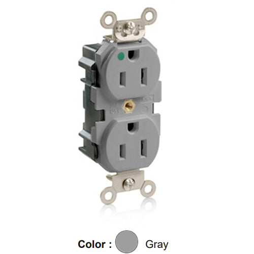 Leviton M8200-GY, Lev-Lok Straight Blade Duplex Receptacle, Extra Heavy-Duty Hospital Grade, Smooth Face, 15A 125V, NEMA 5-15R, 2-Pole, 3-Wire, Modular Terminals, Nickel-Plated Brass Strap, Gray