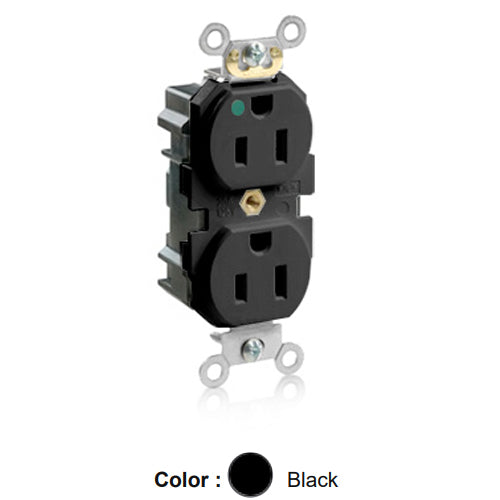 Leviton M8200-HE, Lev-Lok Straight Blade Duplex Receptacle, Heavy-Duty Hospital Grade, Smooth Face, 15A 125V, NEMA 5-15R, 2-Pole, 3-Wire, Modular Terminals, Black