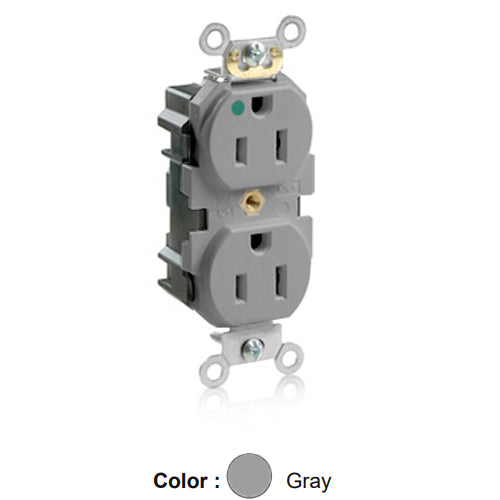 Leviton M8200-HGY, Lev-Lok Straight Blade Duplex Receptacle, Heavy-Duty Hospital Grade, Smooth Face, 15A 125V, NEMA 5-15R, 2-Pole, 3-Wire, Modular Terminals, Gray