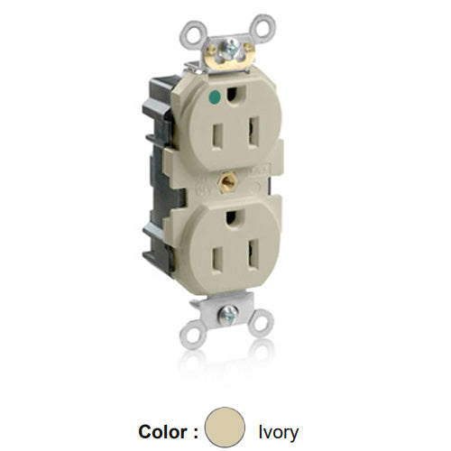 Leviton M8200-HI, Lev-Lok Straight Blade Duplex Receptacle, Heavy-Duty Hospital Grade, Smooth Face, 15A 125V, NEMA 5-15R, 2-Pole, 3-Wire, Modular Terminals, Ivory